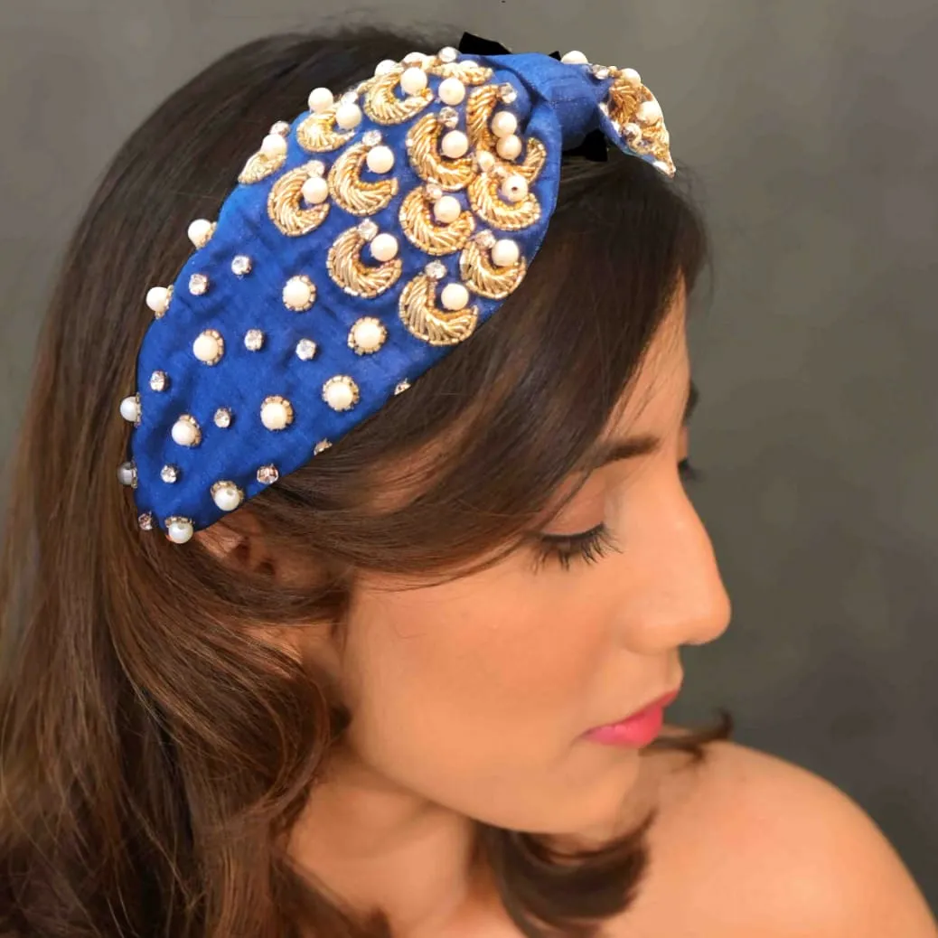 YoungWildFree Blue Embellished Hairband With Pearls And Gold Scatter Hand Embroidery