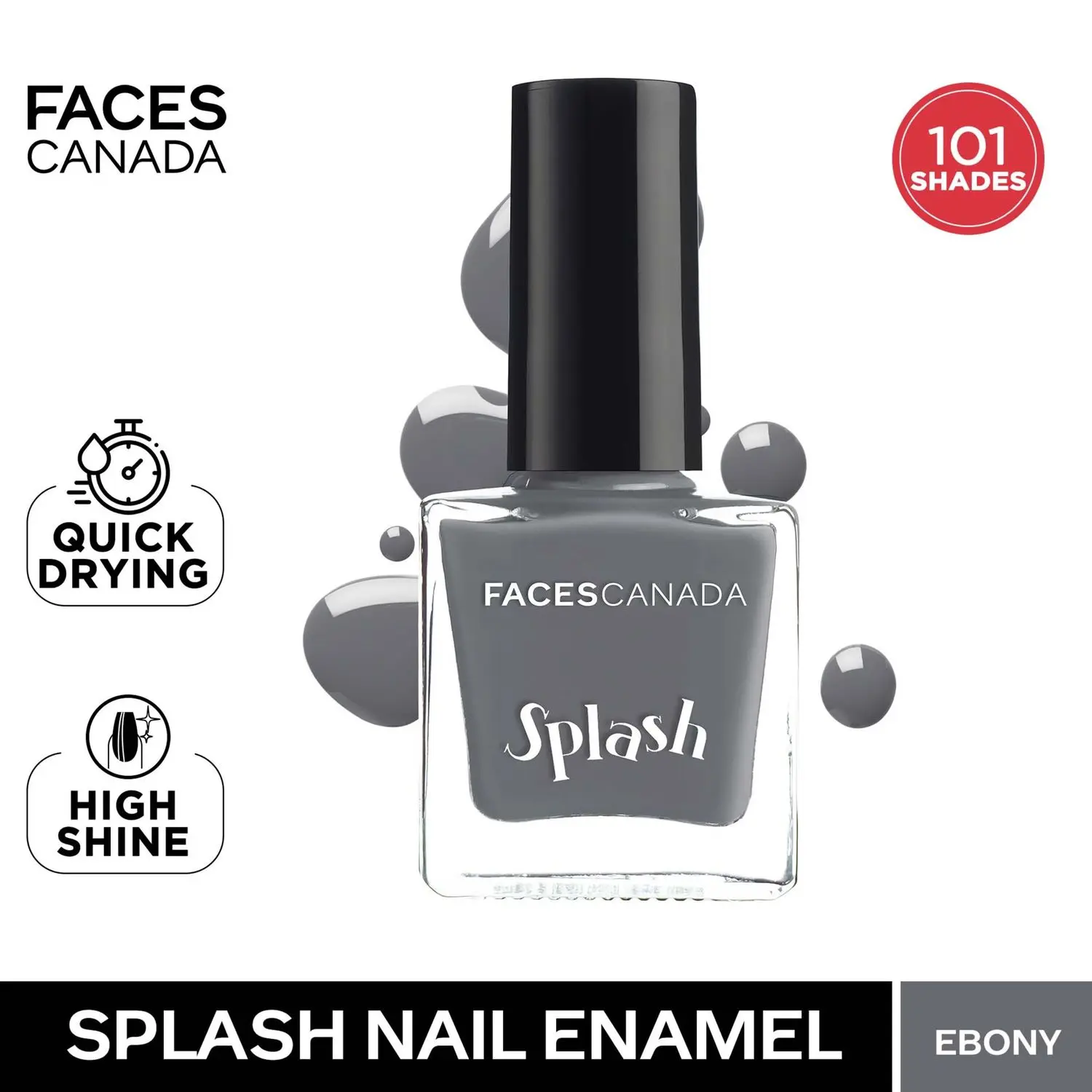 Faces Canada Splash Nail Enamel | Fast Dry | High Shine | Long Lasting | No Chip Formula | No Harmful Chemicals | Shade - Ebony 8ml