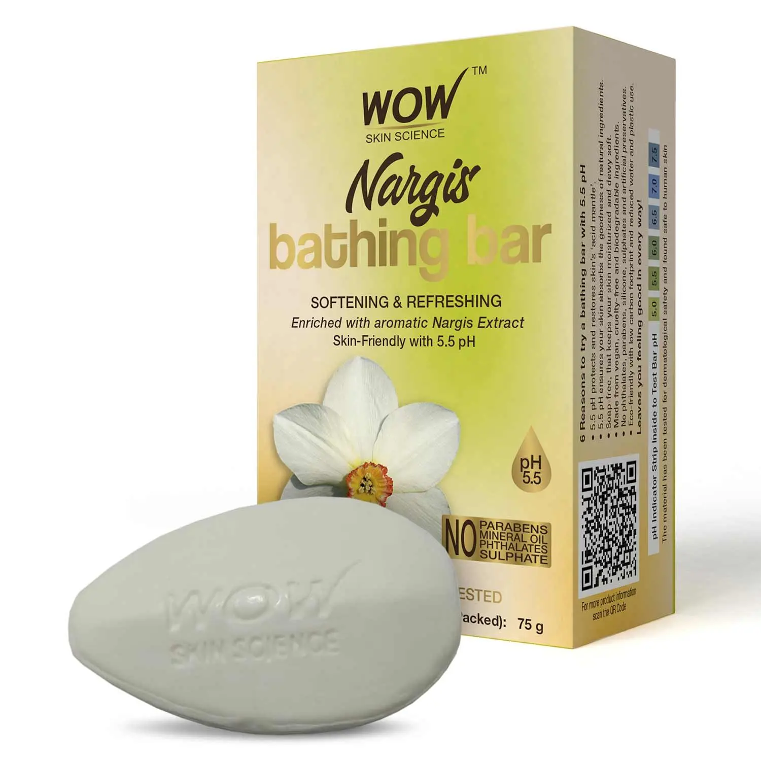 WOW Skin Science Nargis Bathing Bar - Softening & Refreshing - with Nargis Extract - Skin-Friendly with 5.5 pH - No Parabens, Mineral Oil, Phthalates, Sulphate (75 g)