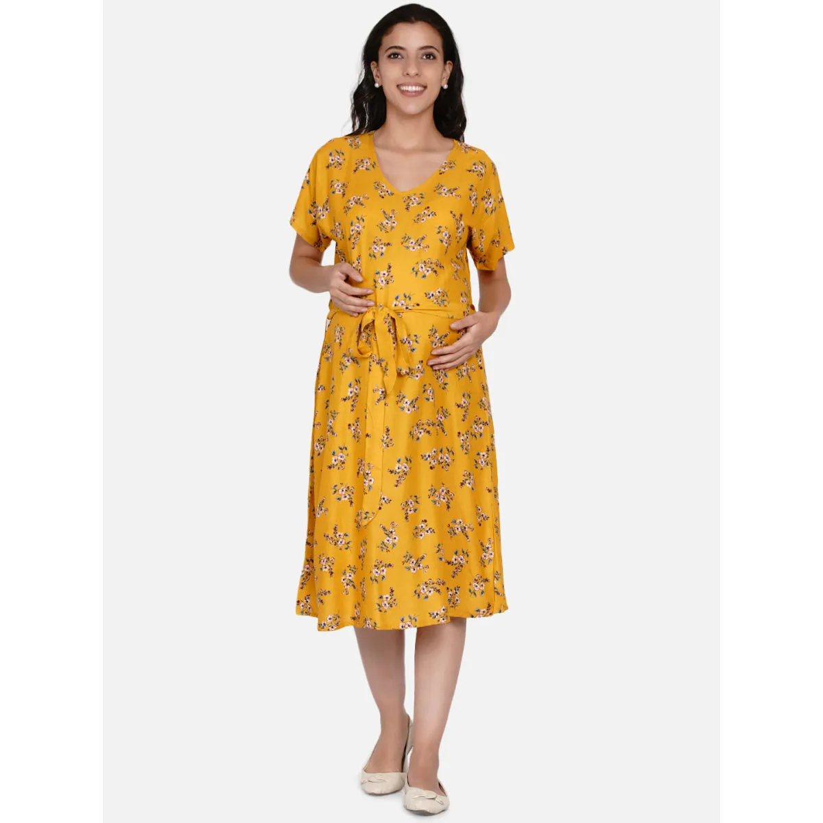 The Kaftan Company Mustard Floral Print Maternity Dress Mustard