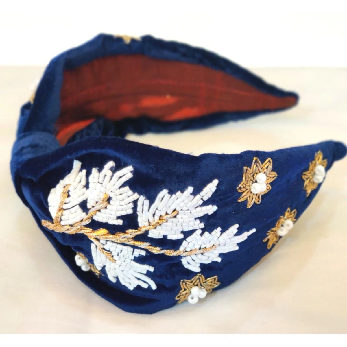 YoungWildFree Navy Blue Velvet Embellished Hairband With Intricate Beads &Amp; Gold Embroidery