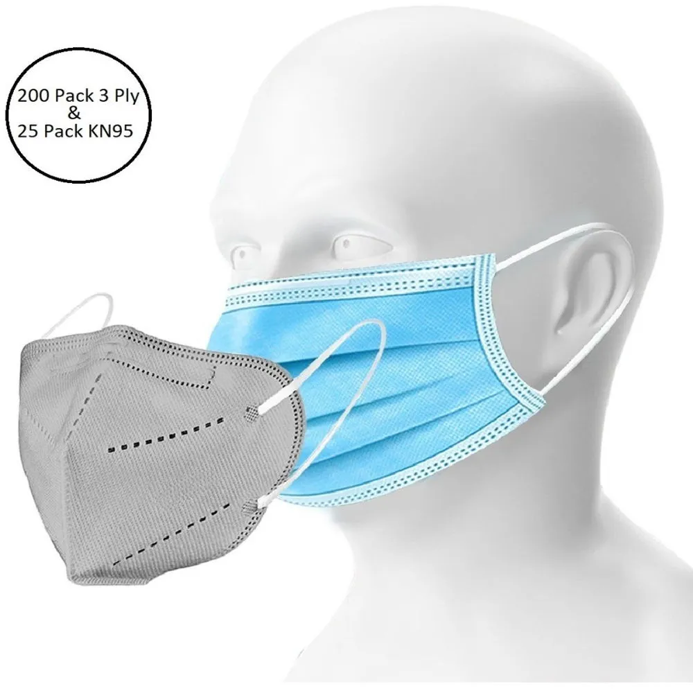 Fabula Unisex Double Mask Set Of 200 Disposable & 25 KN95 / N95 Masks (Grey )