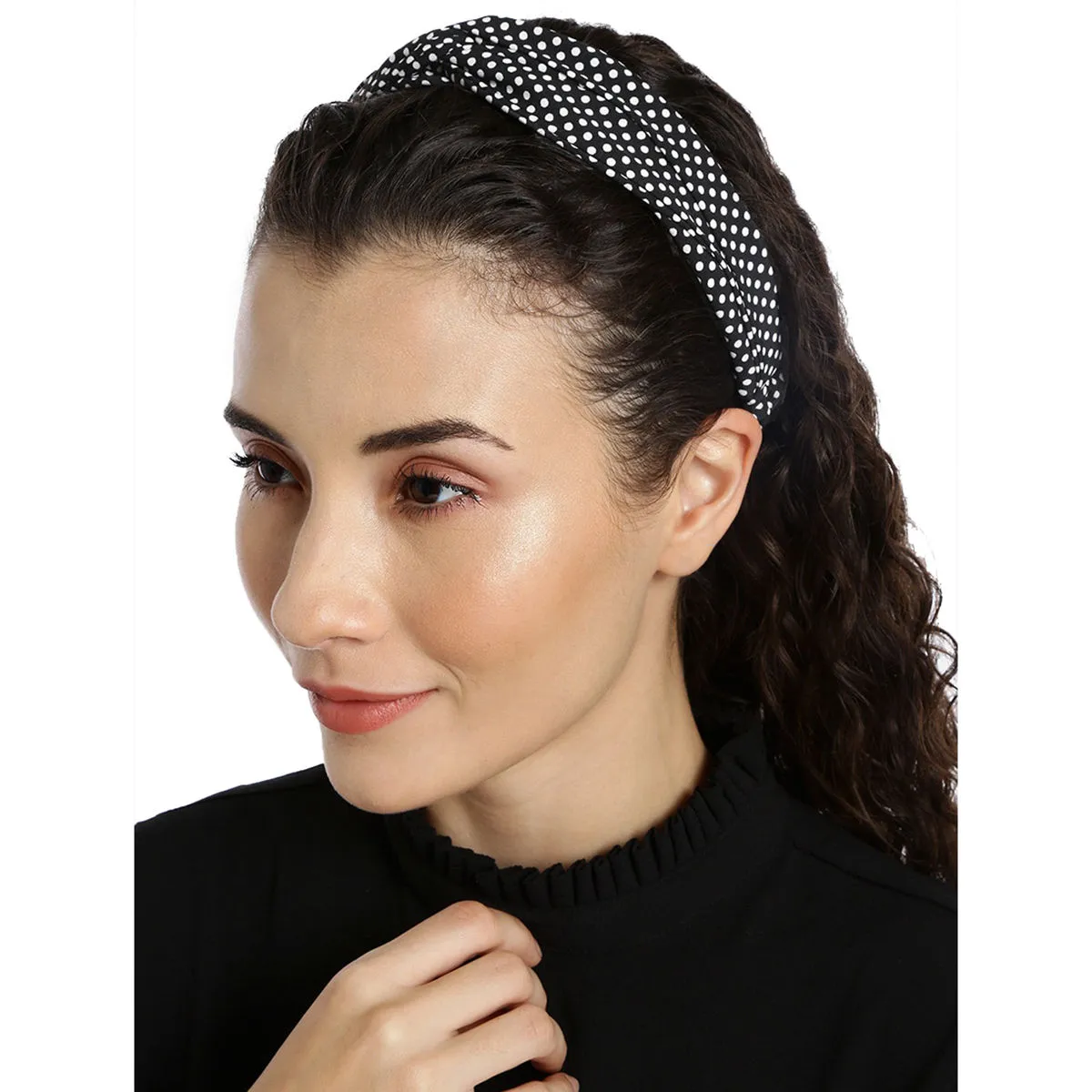 Toniq Black & White Polka Dot Crossover Fabric Hairband For Women