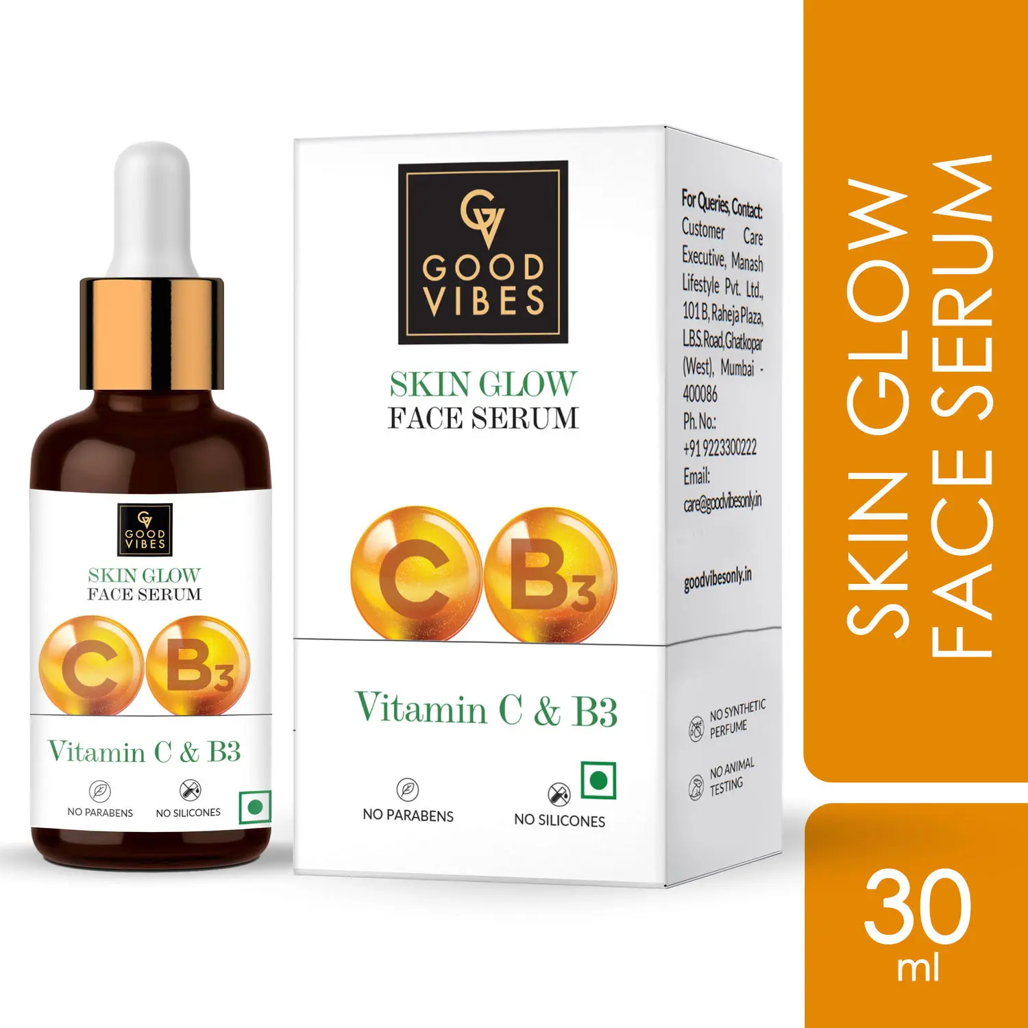 Good Vibes Vitamin C & B3 Skin Glow Face Serum | Brightening, Anti-Ageing | With Orange | No Parabens, No Sulphates, No Animal Testing (30 ml)