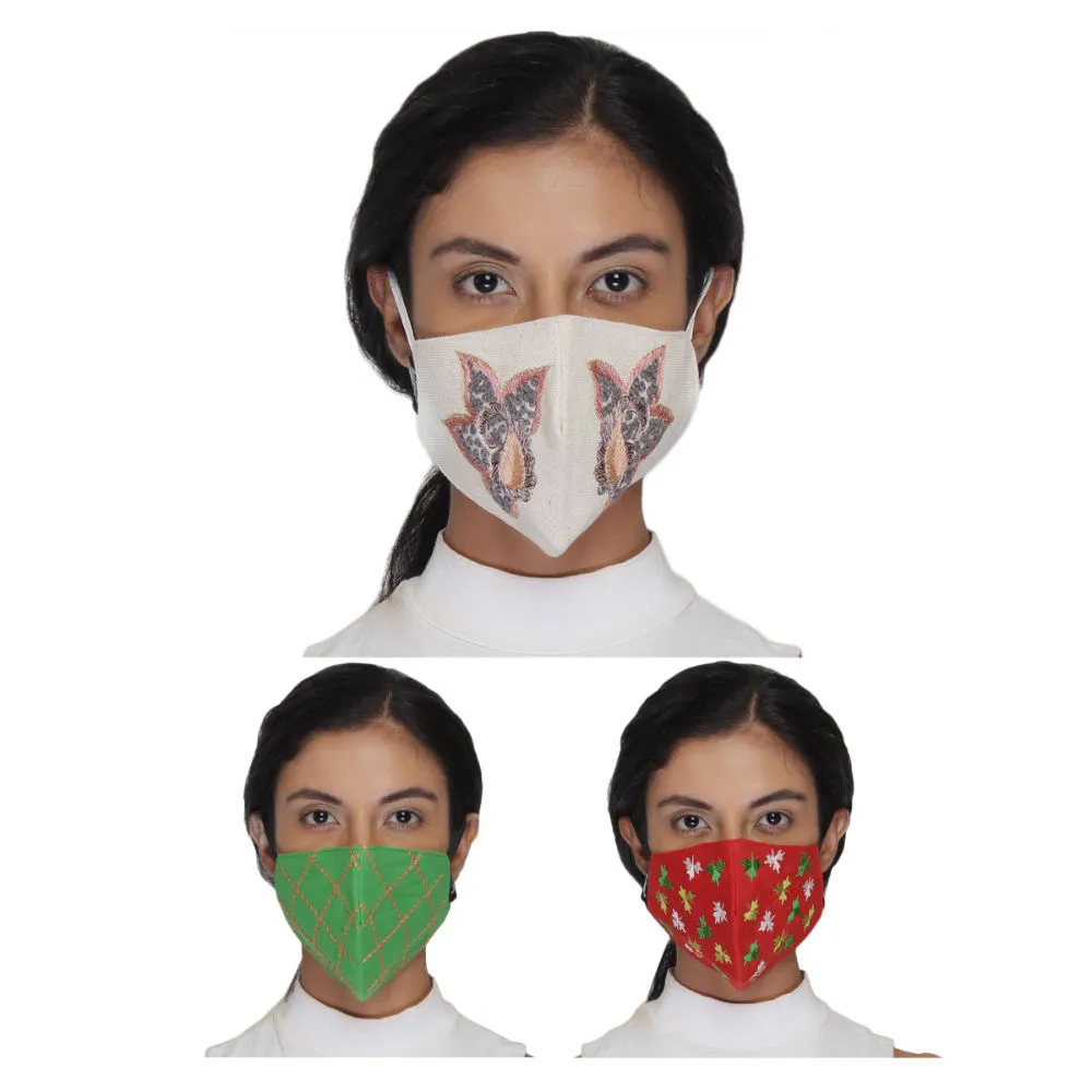 Anekaant Pack Of 3 Multicolor 3-Ply Reusable Cotton Embroidered Fabric Fashion Mask