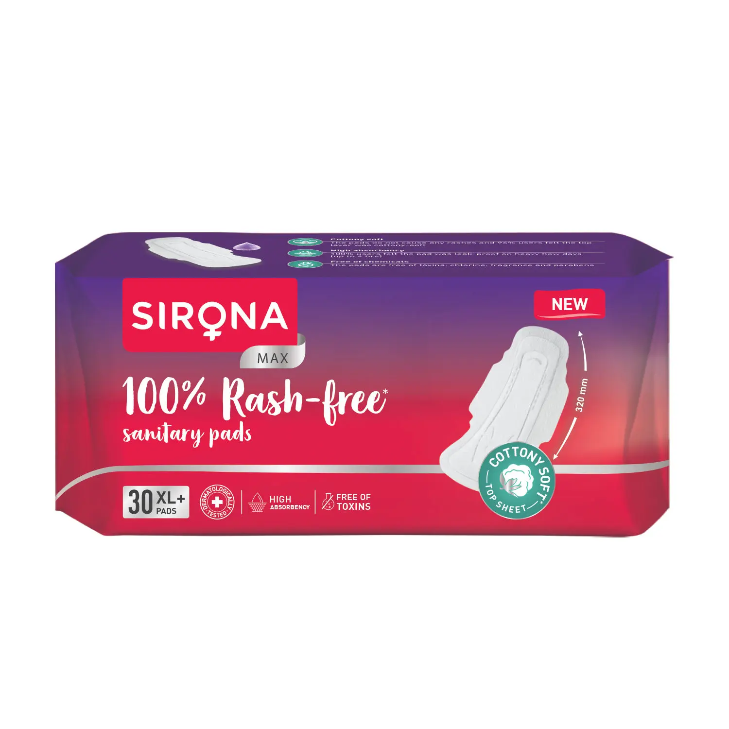 Sirona Max 100% rash-free Sanitary Pads for Women - Pack of 30 (XL+ Size) | Highly Absorbency