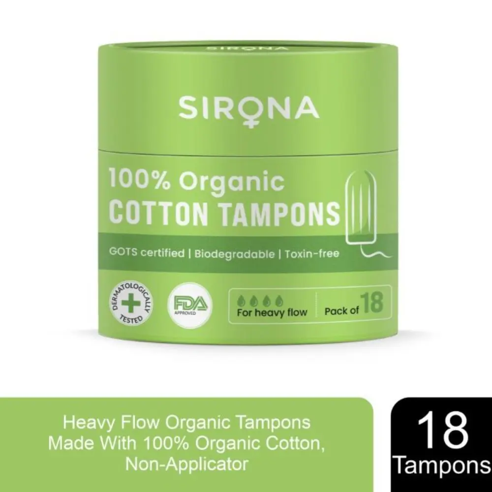 Sirona Heavy Flow Organic Tampons Made With 100% Organic Cotton, Non-Applicator Tampons - 18 Pcs
