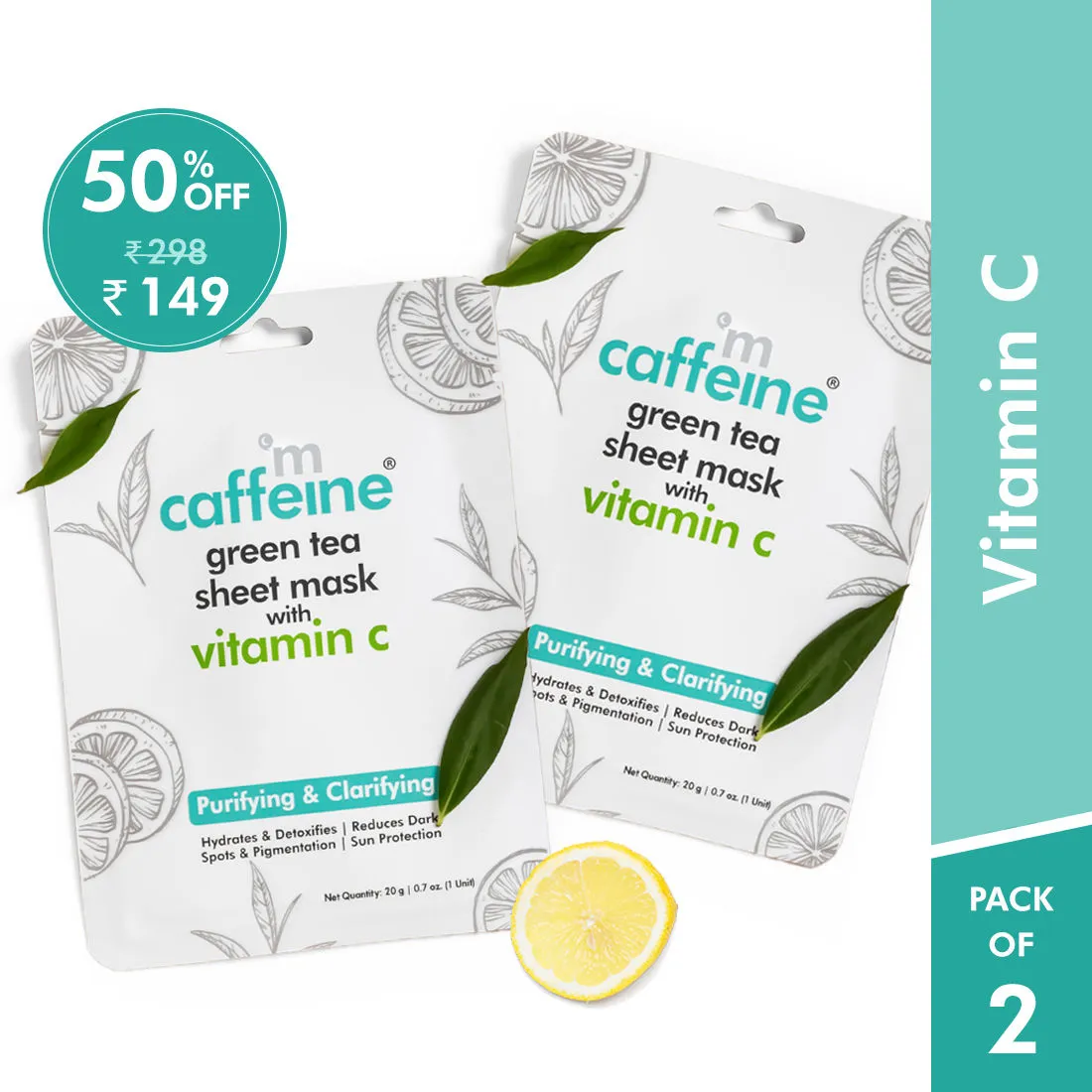 MCaffeine Vitamin C Face Sheet Masks with Green Tea for Dark Spot Reduction & Hydration - Pack of 2