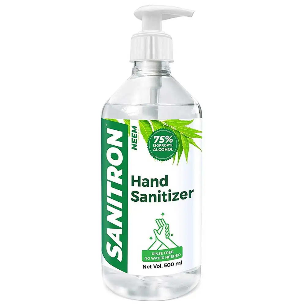 Sanitron Hand Sanitizer Liquid,  Neem, 75% Pharma Grade Isopropyl Alcohol (IPA)  500 ml  Pump Bottle