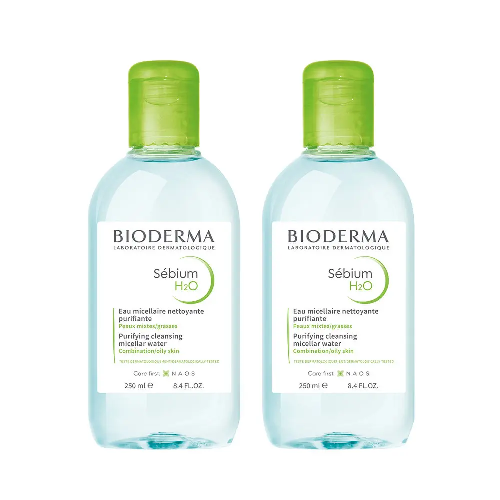 Bioderma Sebium H2O Purifying Micellar Cleansing Water and Makeup Removing Solution for Combination to Oily Skin 250 ml - Pack of 2