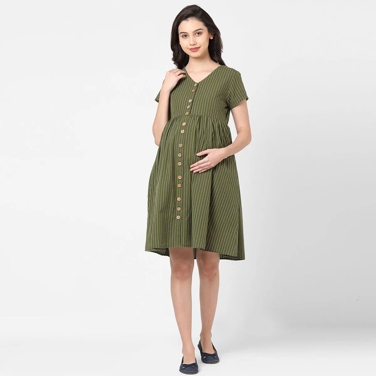 Mystere Paris Olive Striped Maternity Dress - Green (M)