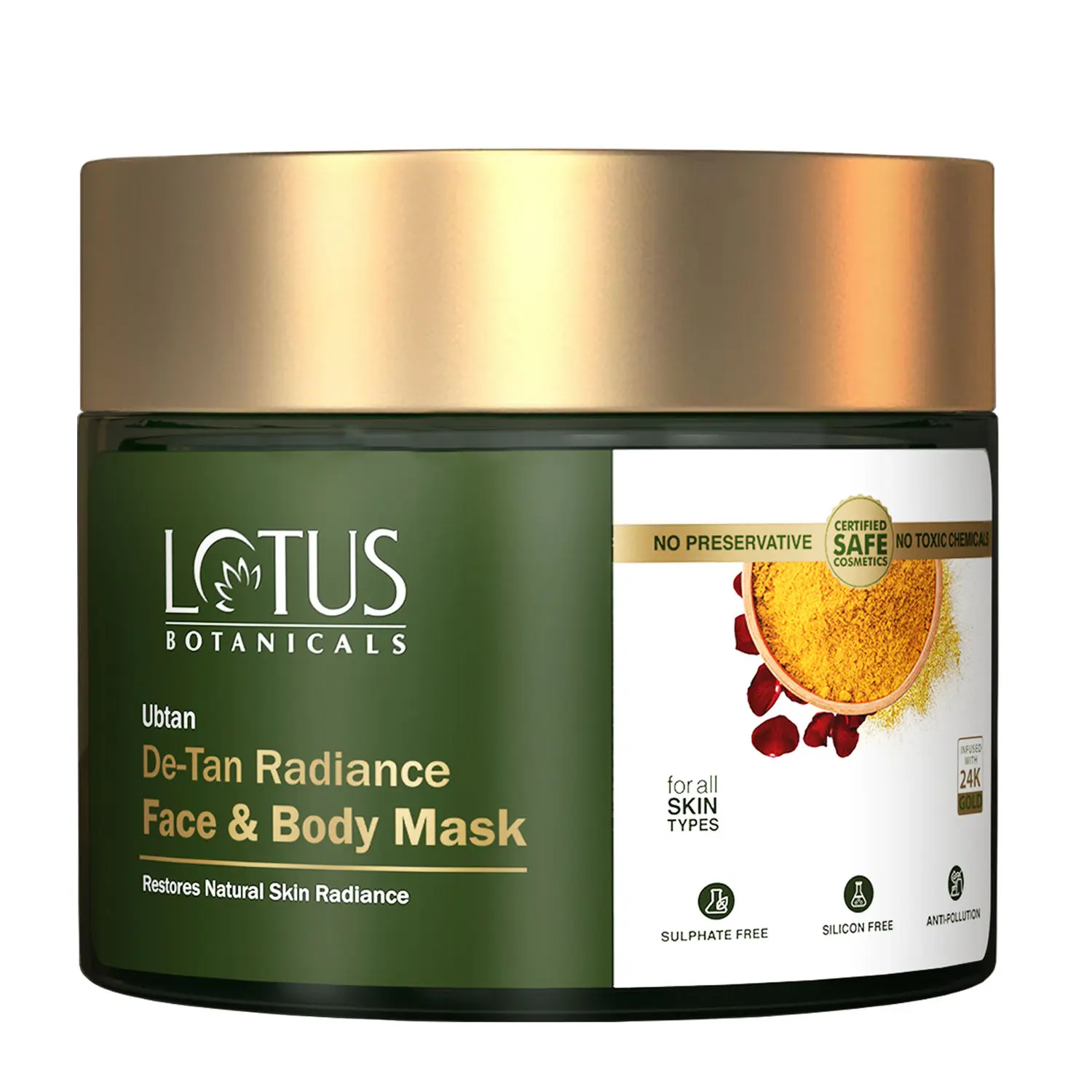 Lotus Botanicals Ubtan De-Tan Radiance Face and Body Mask | Infused with 24K Gold | For Boosting Skin Radiance, Reducing Skin Dullness & Anti-Tanning | No Silicon, No Sulphates, Non-Comedogenic, No Preservatives | 140g