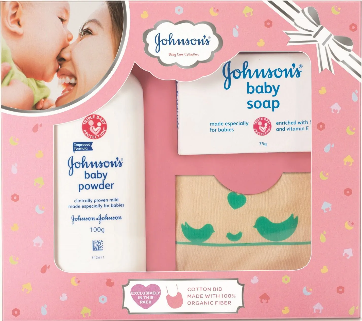 Johnson's Baby Care Collection with Organic Cotton Bib (3 Gift Items, Pink)