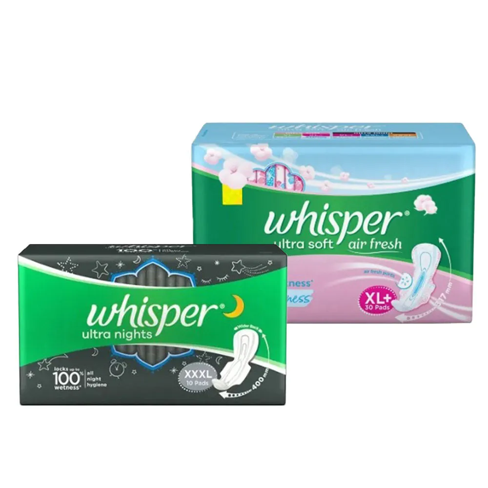 Whisper Ultra Nights XXXL Wings (10 Pcs) + Ultra Soft XL+ (30Pcs) Sanitary Pads Combo