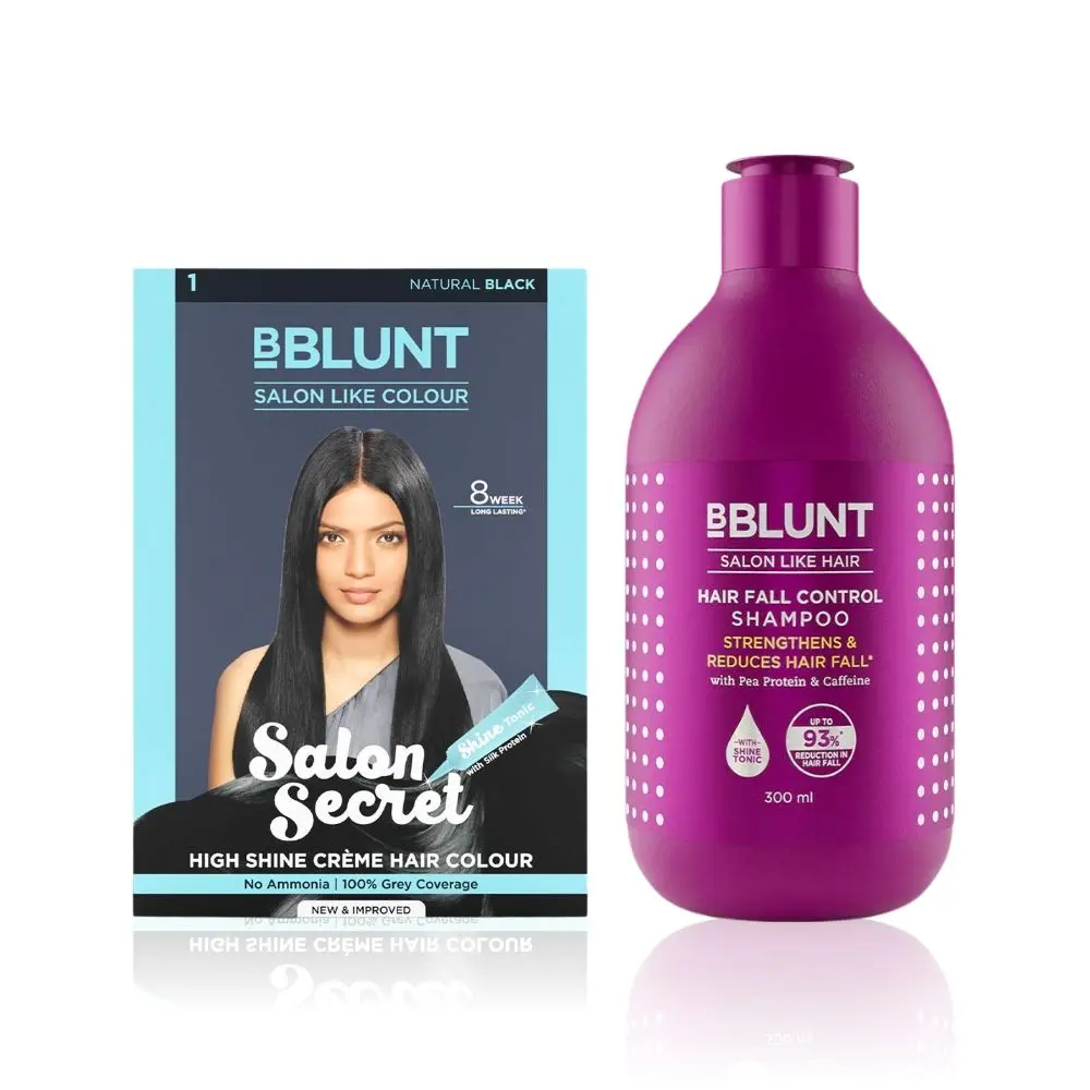 BBlunt Salon Secret High Shine Creme Hair Colour - Natural Black (152 ml) + BBLUNT Hair Fall Control Shampoo with Pea Protein & Caffeine for Stronger Hair (300 ml)