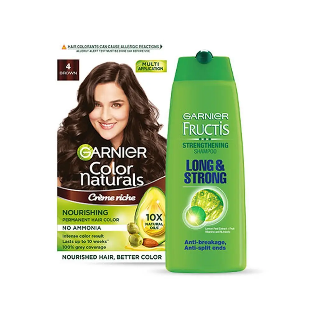 Garnier Color Naturals No Ammonia Permanent Hair Color Shade 4 - Brown (70ml + 60g) + Garnier Fructis Strengthening Shampoo Long & Strong 175ml (Combo Pack of 2)