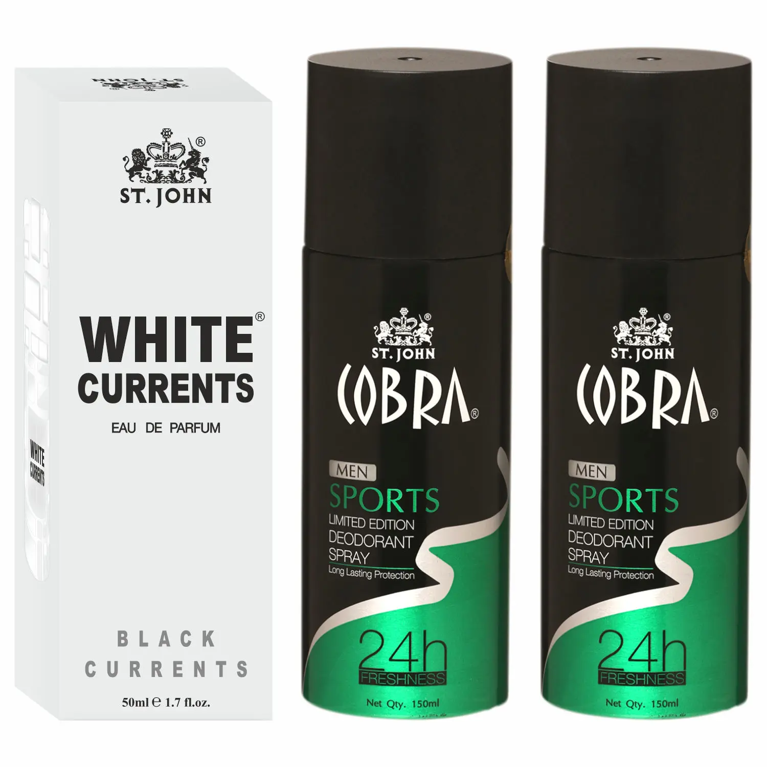 ST-JOHN Cobra Deodrant Sports 150 ml Pack of 2& Cobra Black Current 50ml Perfume Combo Gift Pack Perfume Body Spray - For Men & Women (350 ml, Pack of 3)