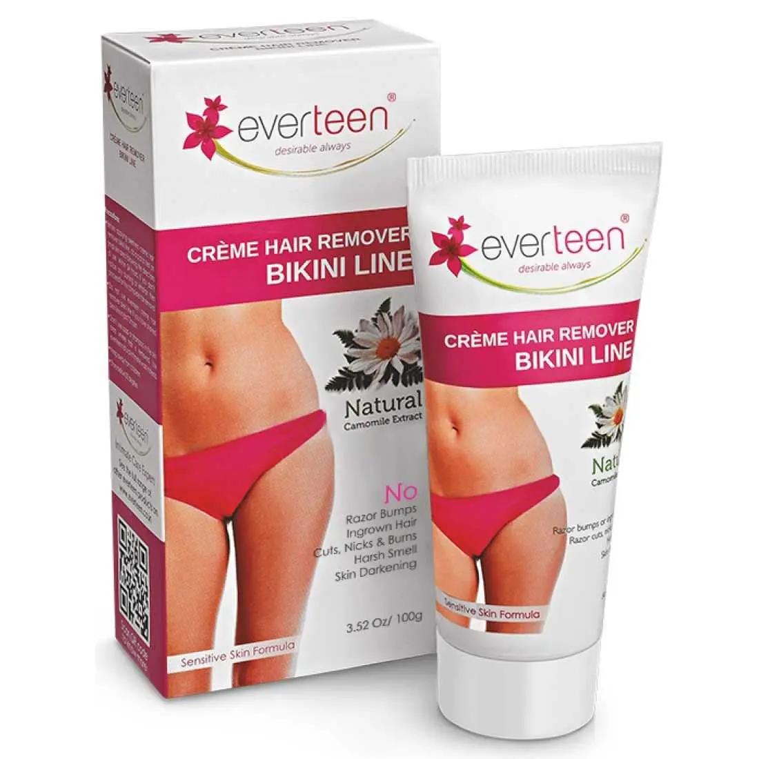 everteen NATURAL Hair Removal Cream with Chamomile for Bikini Line & Underarms in Women and Girls | No Harsh Smell, No Skin Darkening, No Rashes | 1 Pack 100g with Spatula and Coin Tissues