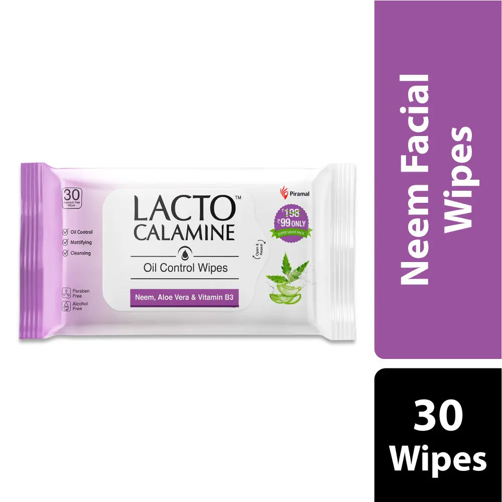Lacto Calamine Oil Control Wipes with Neem, Vitamin B3 and Aloe Vera – No Parabens Alcohol Free, 30 Wipes