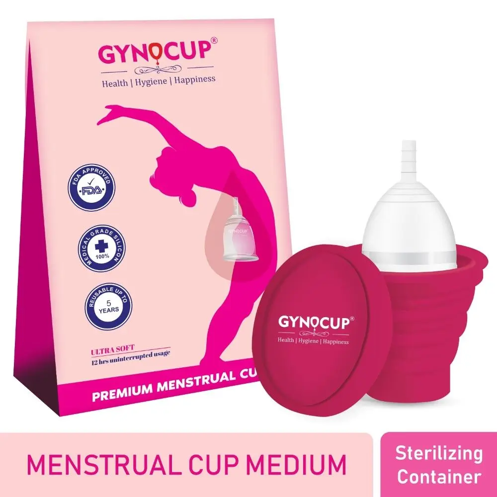 GynoCup Premium Menstrual Cup for Women |Medium Size With Pouch |Transparent Color | With Menstrual Cup Sterilizer Container |(Combo)