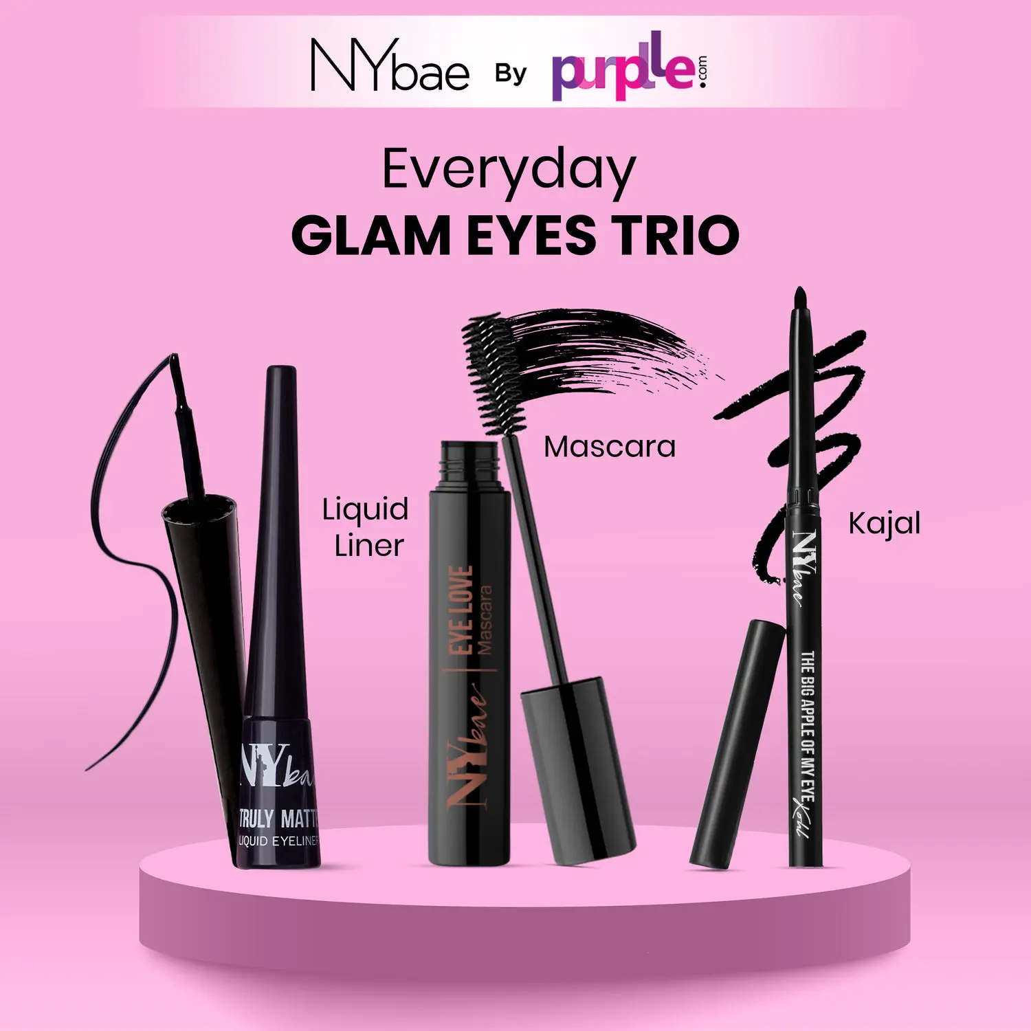 NY Bae Everyday Glam Eyes Trio | Kajal | Liquid Liner |Mascara | Waterproof | Long Lasting | Smudgeproof Eye Makeup | Black (13ml)