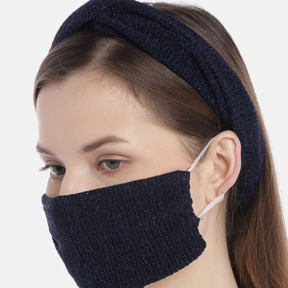 Blueberry Glimmer Navy Blue Knot Hairband With Reusable Mask Combo