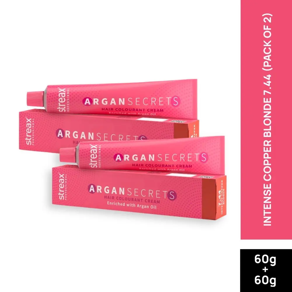 Streax Professional Argan Secret Hair Colourant Cream - Intense Copper Blonde 7.44 (60 g) (Pack of 2)