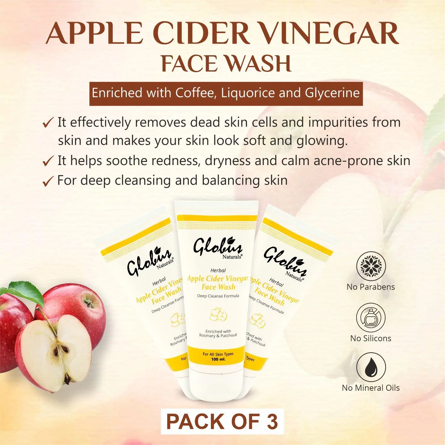 Globus Naturals Apple Cider Vinegar Face Wash 100 Ml (Pack Of 3)