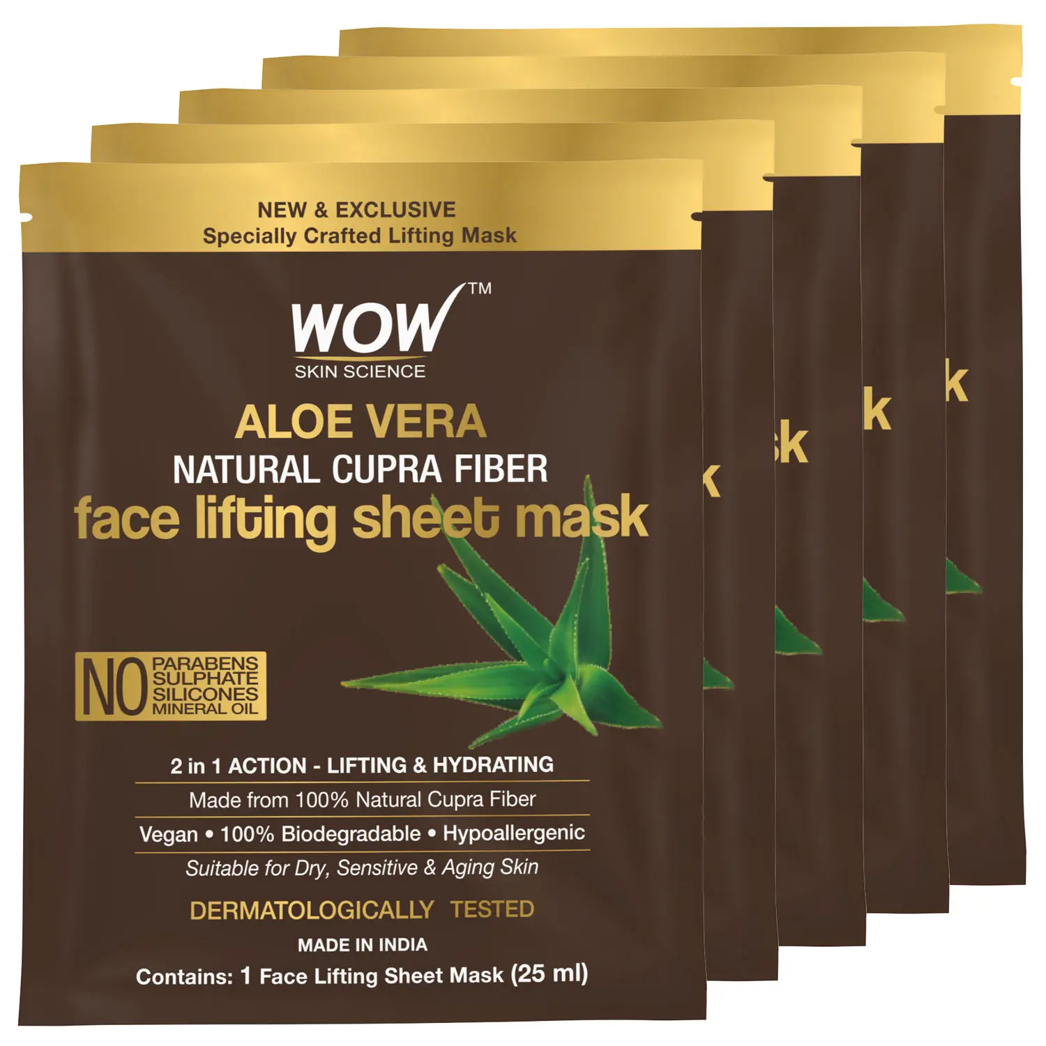 WOW Skin Science Aloe Vera Natural Cupra Fiber Face Lifting Sheet Mask - For Skin Toning And Skin Brightening - 25mL - Pack of 5