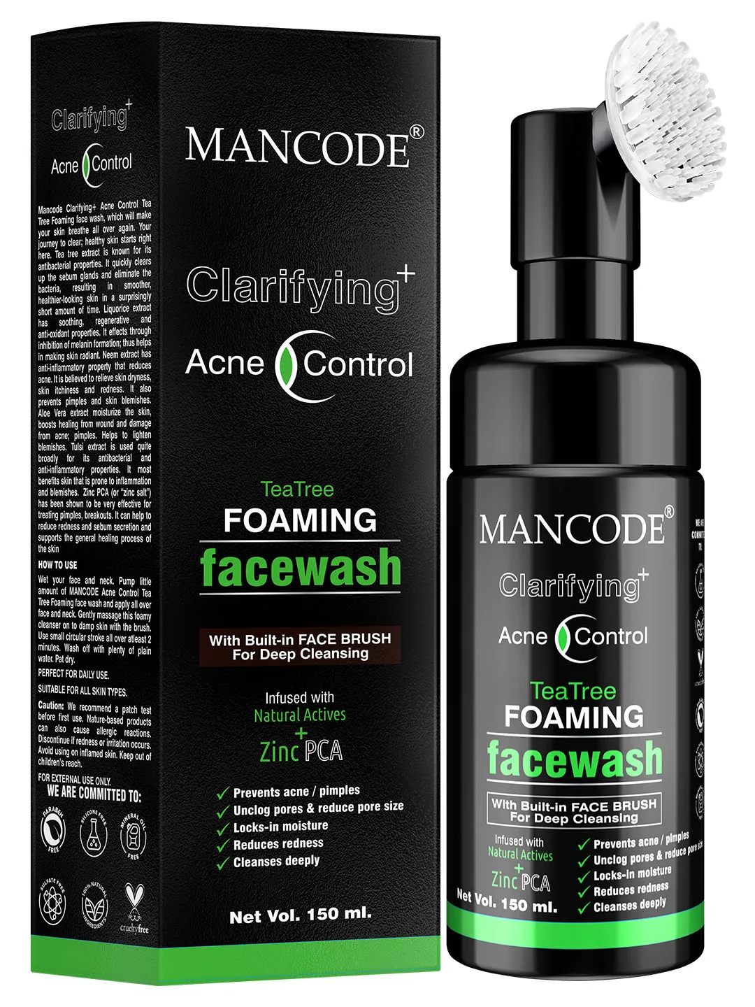 ManCode Clarifying Acne Control Tea Tree Foaming Facewash (with Built-in Brush)