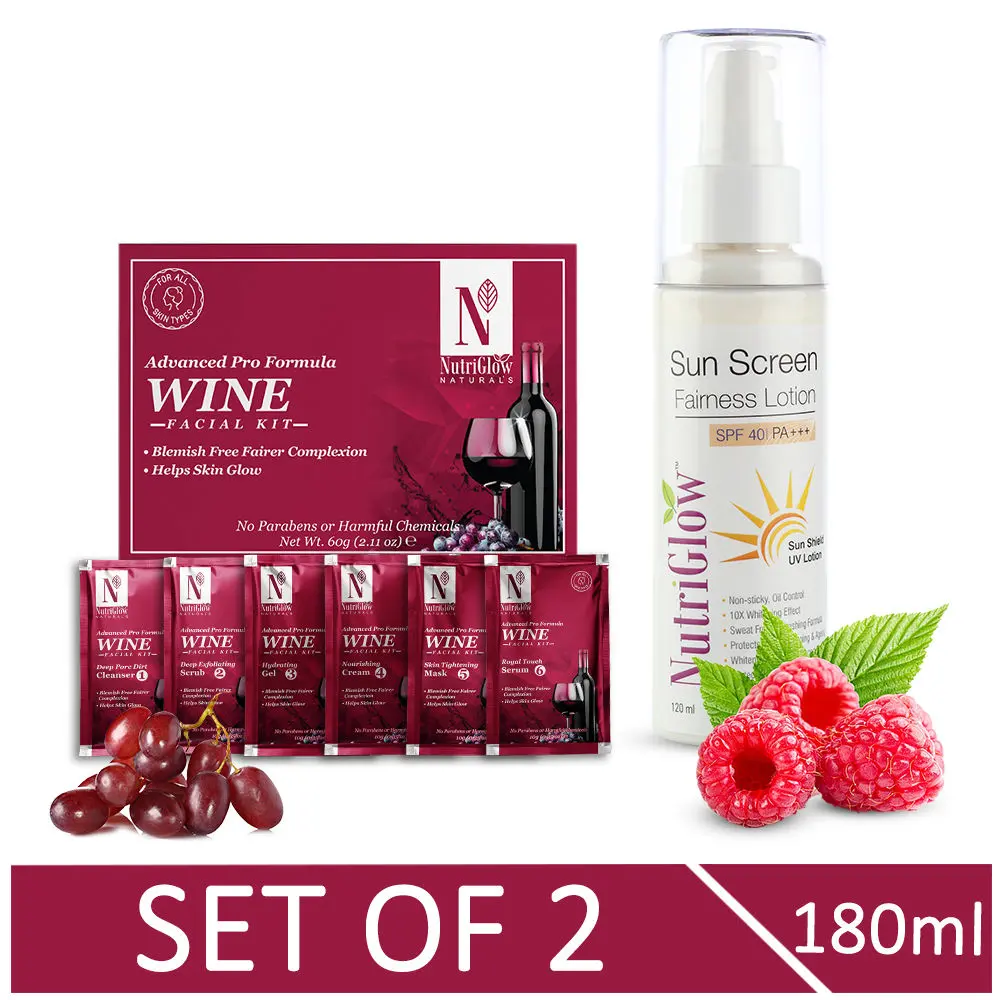 NutriGlow NATURAL'S Advanced Pro Formula Wine Facial Kit (60 gm) & Sunscreen SPF 40 (120 ml) For Rejuvenates Tired Skin