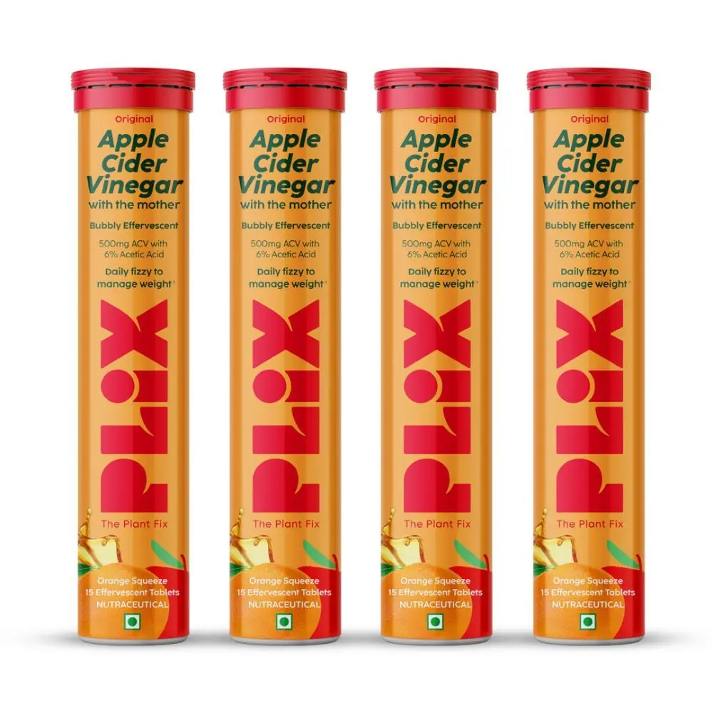 PLIX World's First Apple Cider Vinegar 15 Effervescent Tablets, Pack of 4 (Orange Squeeze) with vitamin B12 | 100% vegan | No added Sugar | Easy to consume| Gluten Free