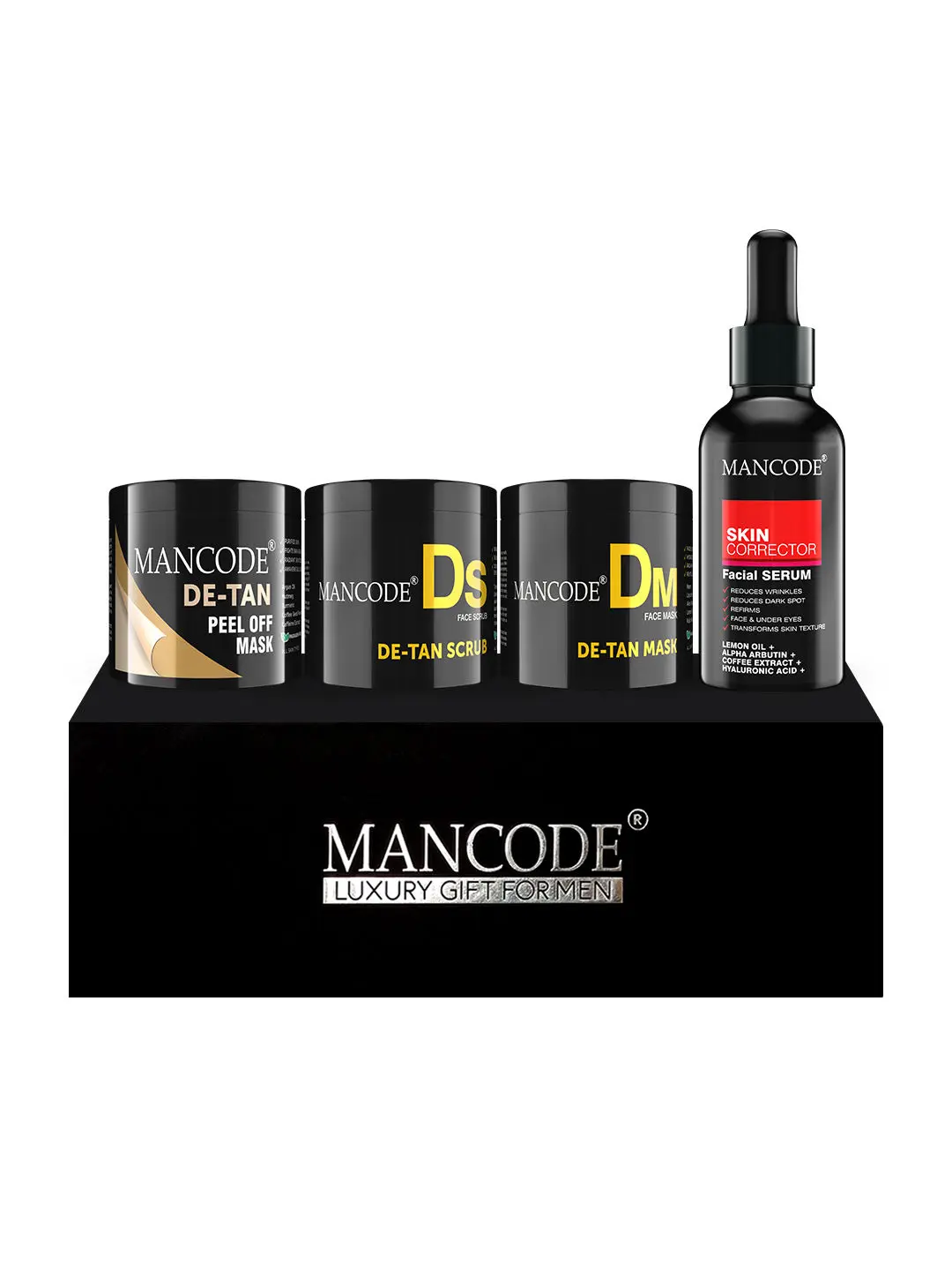 Mancode Gift Set for Men - Premium Luxury De Tan Care Kit (De Tan Scrub + De Tan Peel off Mask + De Tan Mask + Skin Corrector Serum) Gift Set - 11