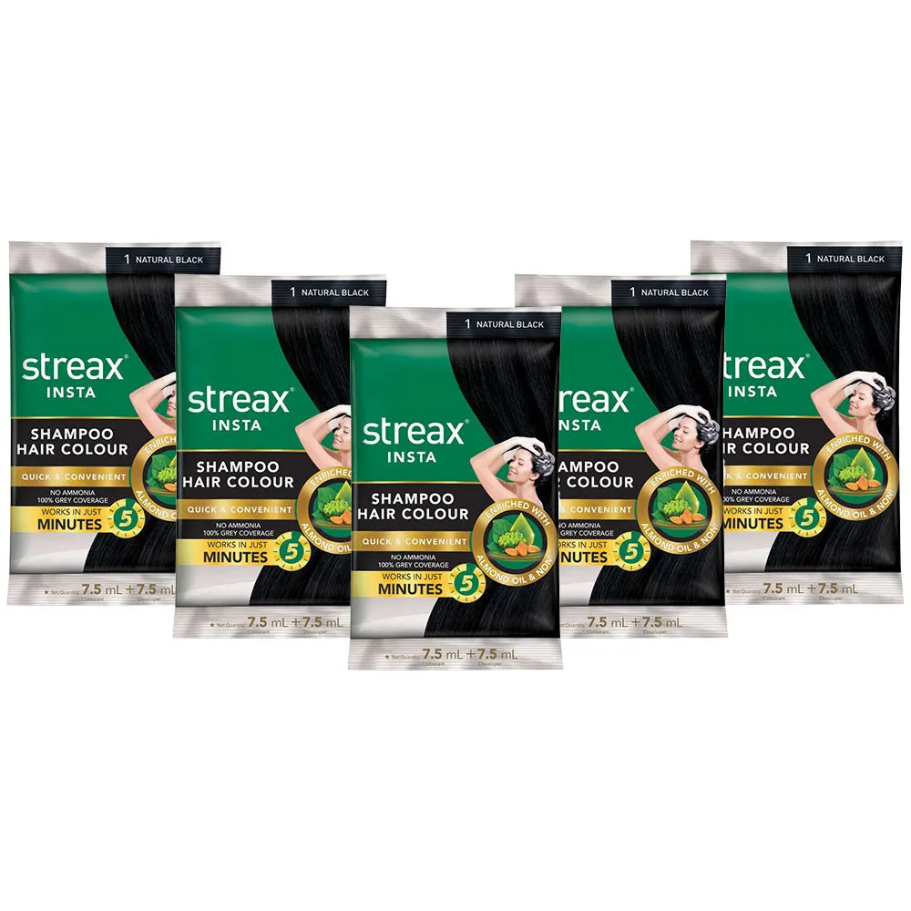 Streax Insta Shampoo Hair Colour - Natural Black Pack Of 5