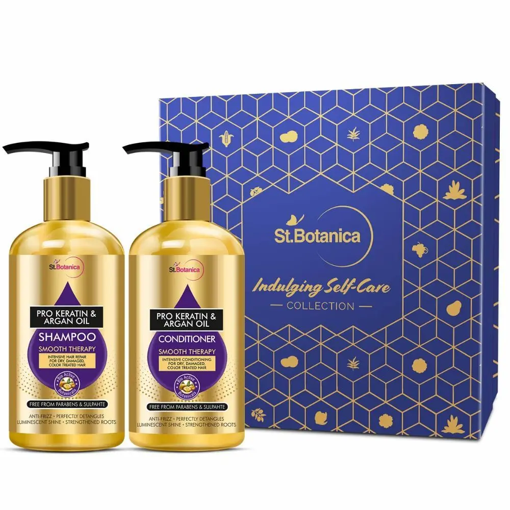 St.Botanica Smoothening Haircare Combo | StBotanica Pro Keratin & Argan Oil Shampoo + Conditioner Kit (300ml Each), No Sulphate, Paraben