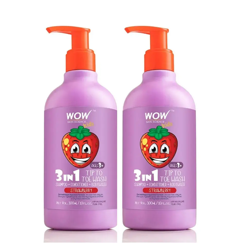 WOW Skin Science Kids 3 In 1 Tip To Toe Wash (Shampoo + Conditioner + Bodywash) - Strawberry (300 ml) (Pack of 2)