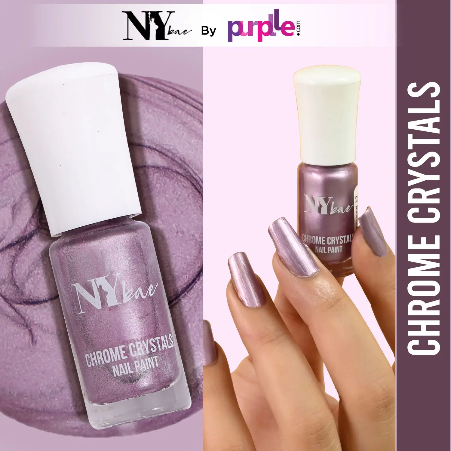 NY Bae Chrome Crystals Nail Paint - Purple Diamond 12 (3 ml) | Purple | Glossy Finish | Rich Pigment | Chip-proof | Full Coverage | Vegan