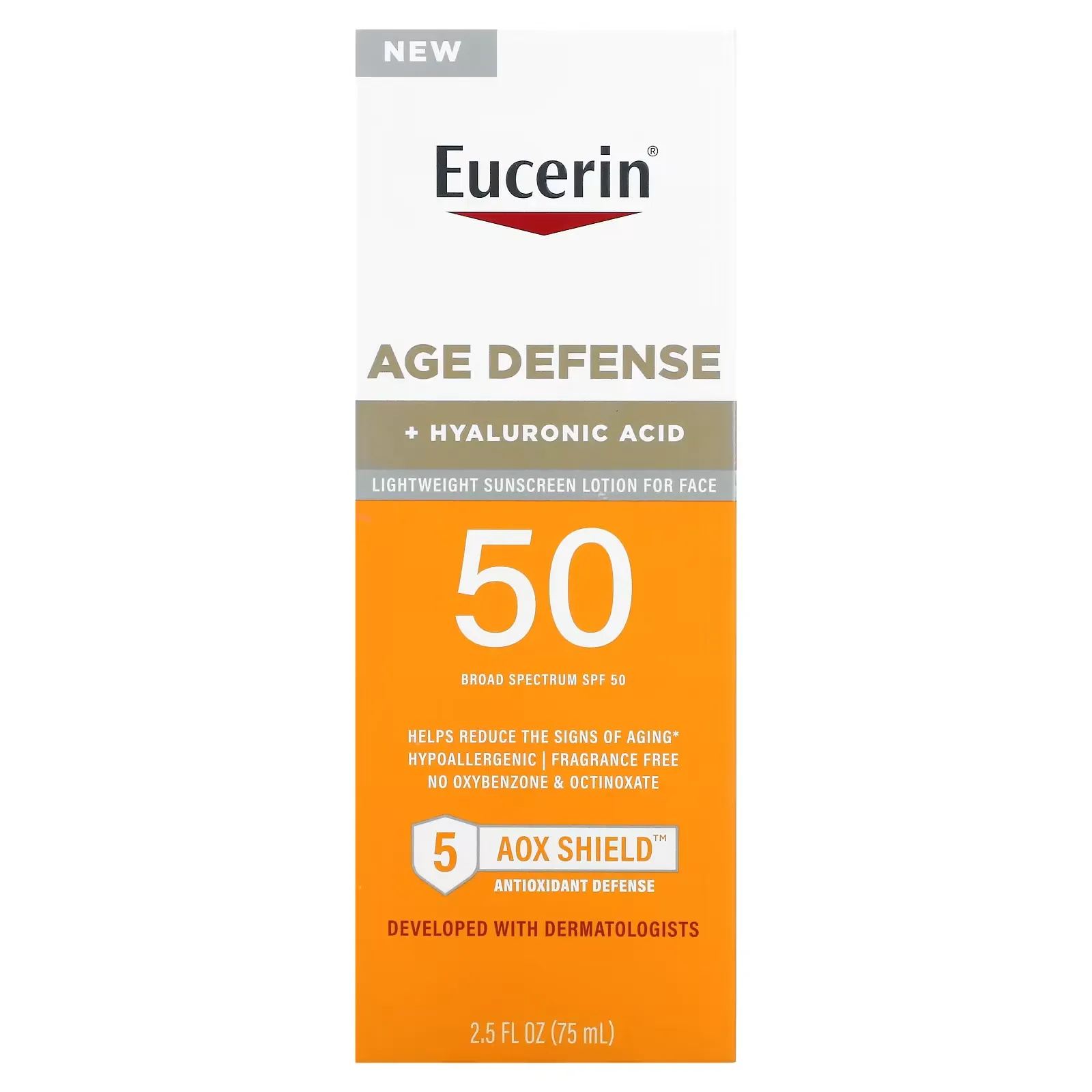 Age Defense, Lightweight Sunscreen Lotion For Face, SPF 50, Fragrance Free, 2.5 fl oz (75 ml)