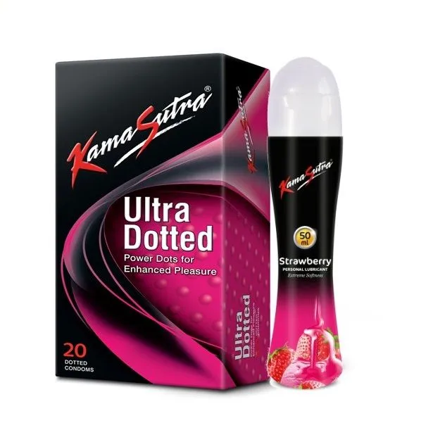 KamaSutra Ultra Dotted Condoms, 20 Units & Strawberry Flavoured Lubricant 50ml