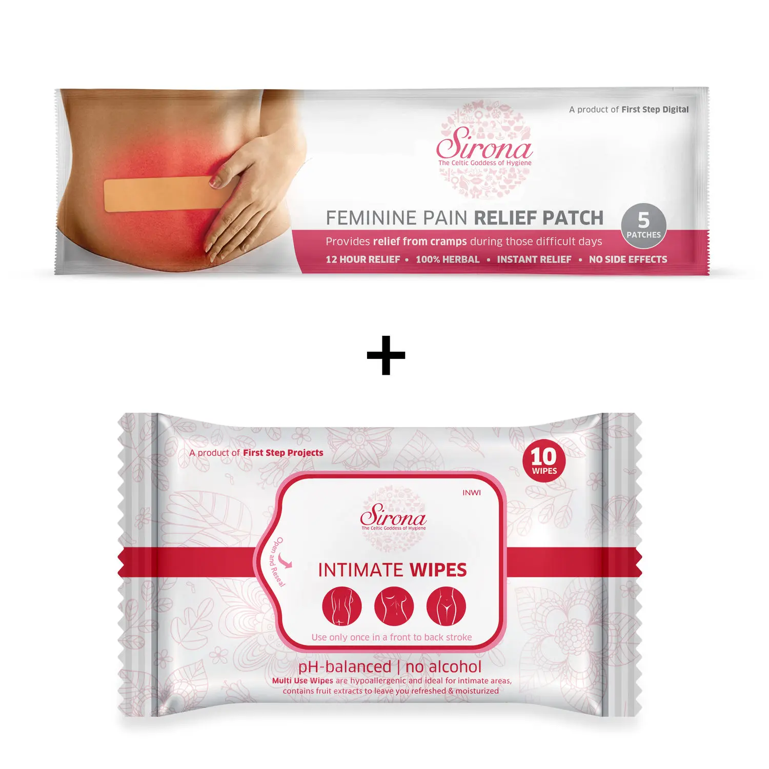 Sirona Feminine Pain Relief Patches for Period Pain - 5 Patches with Intimate Wipes for Clean your Intimate Area - 10 Wipes