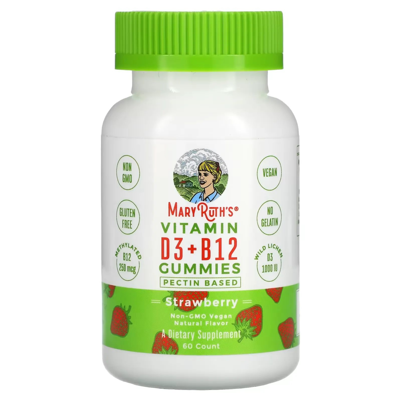 Vitamin D3 + B12 Gummies, Pectin Based, Strawberry, 60 Gummies