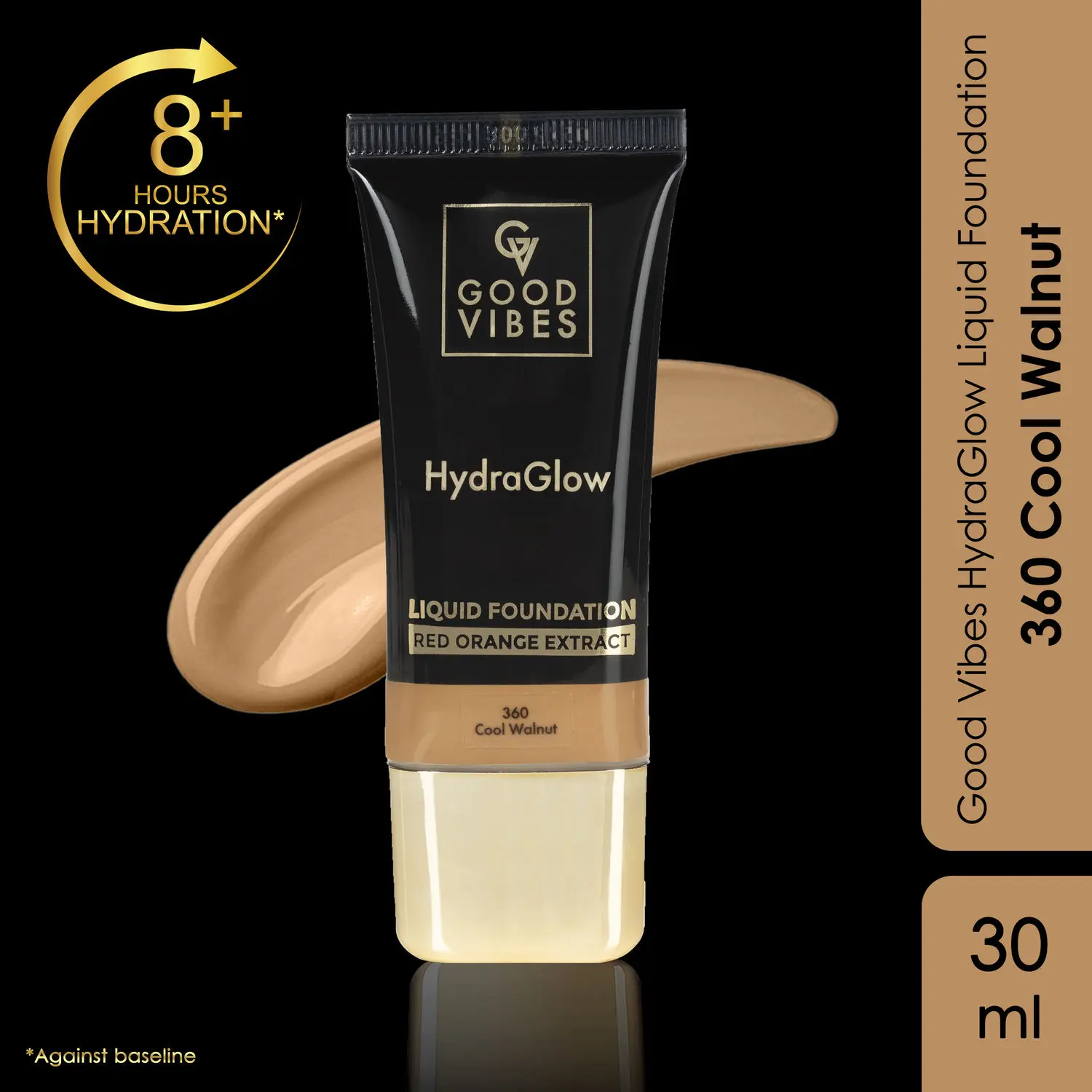 Good Vibes HydraGlow Liquid Foundation with Red Orange Extract - 360 Cool Walnut | 8+ Hours Hydration | Natural to Buildable Coverage | Lightweight Comfort | Silky Smooth Finish (30ml)