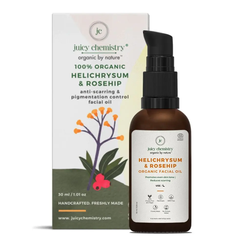 Juicy Chemistry Helichrysum & Rosehip Face Oil for Pigmentation & Scarring, 10 ml - Certified Organic for All Skin Types | 100% Pure & Vegan