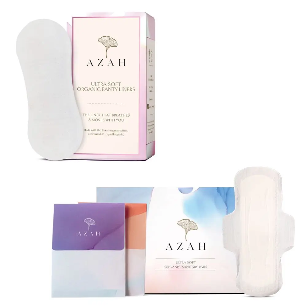 Azah Rash free Sanitary pads + Ultra soft panty liners | Sanitary combo pack for women | Pack of 30 - All XL organic cotton pads (with disposable bags) and 40 liners | Made Safe Certified