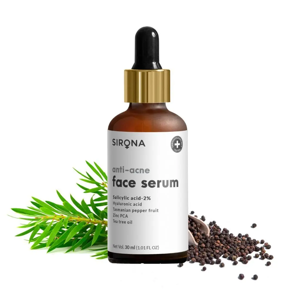 Sirona Anti Acne Face Serum - 30 ml with Tree Oil, Salicylic Acid 2%, Hyaluronic Acid and tasmanian pepper fruit zinc pca