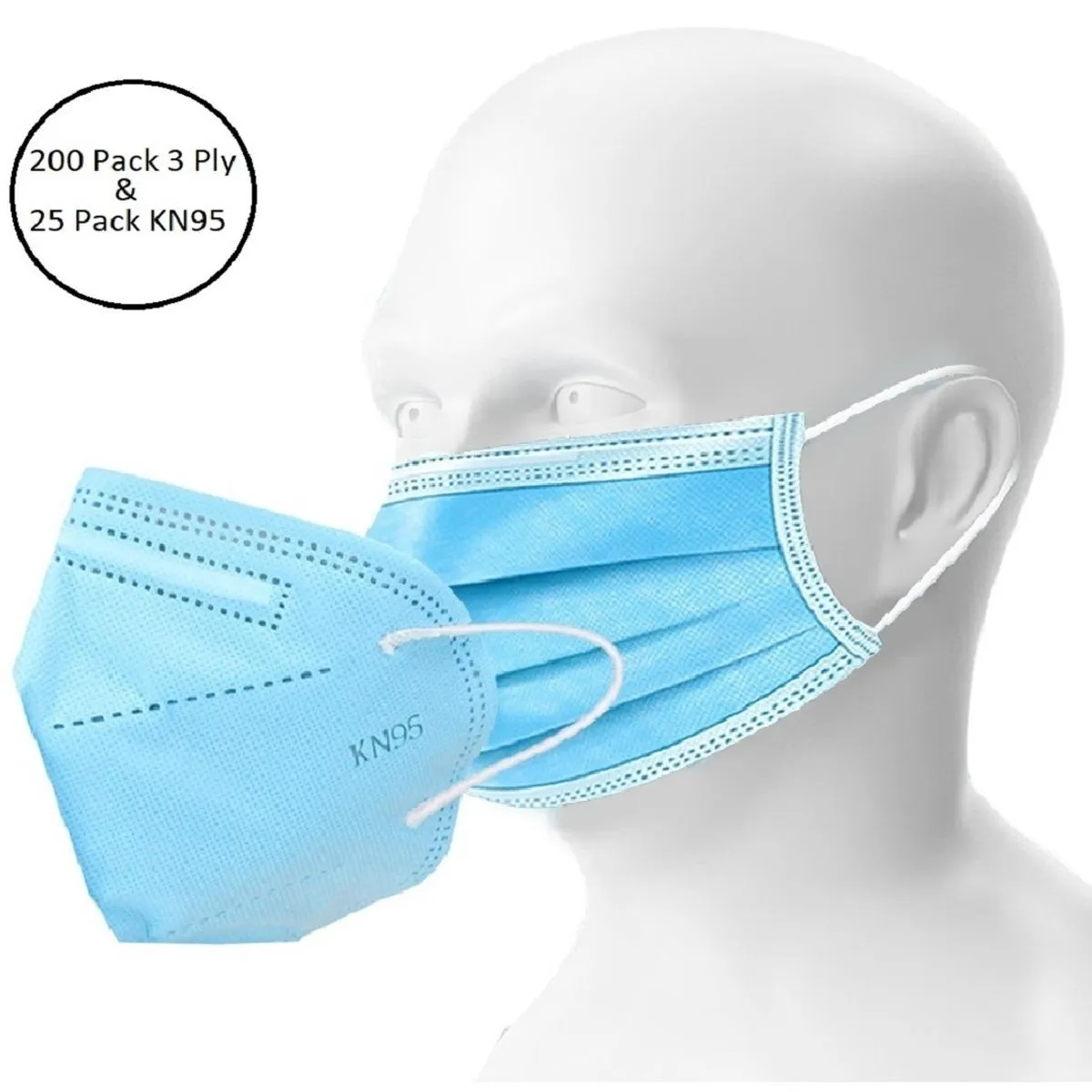 OOMPH Unisex Double Mask Set Of 200 Disposable & 25 KN95 / N95 Masks (Blue )