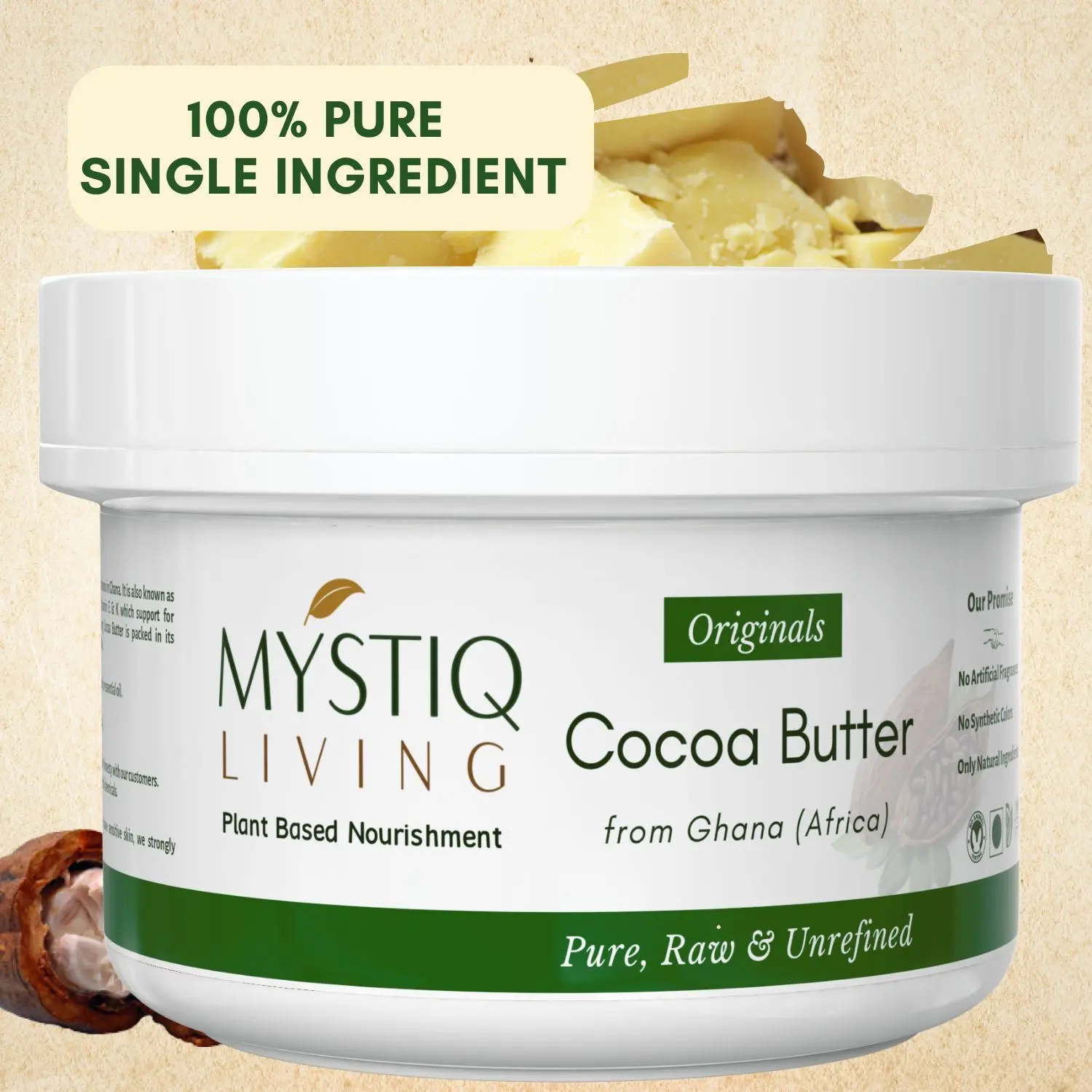 Mystiq Living Originals - Cocoa Butter | Raw, Organic and Unrefined from Ghana | For Stretch Marks, Face, Skin, Body, Lips, DIY products| | 220 GM