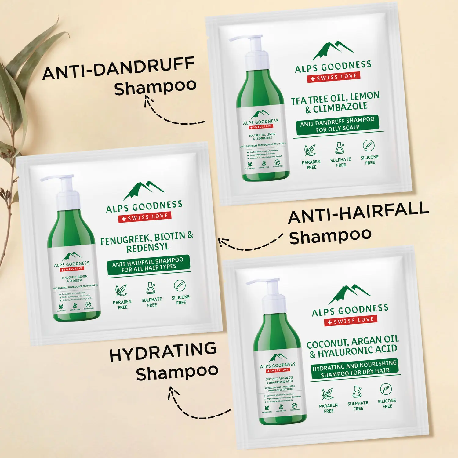 Alps Goodness Shampoo Sachets (Anti-hairfall+Anti-dandruff+Hydrating Shampoo (24 ml)