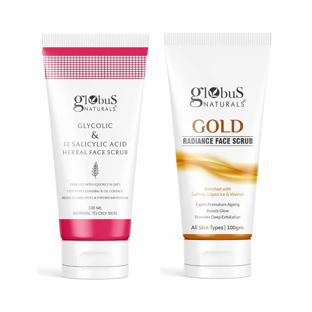 Globus Naturals Glycolic + 1% Salicylic Acid and Gold Radiance Face Scrub Combo - Set of 2