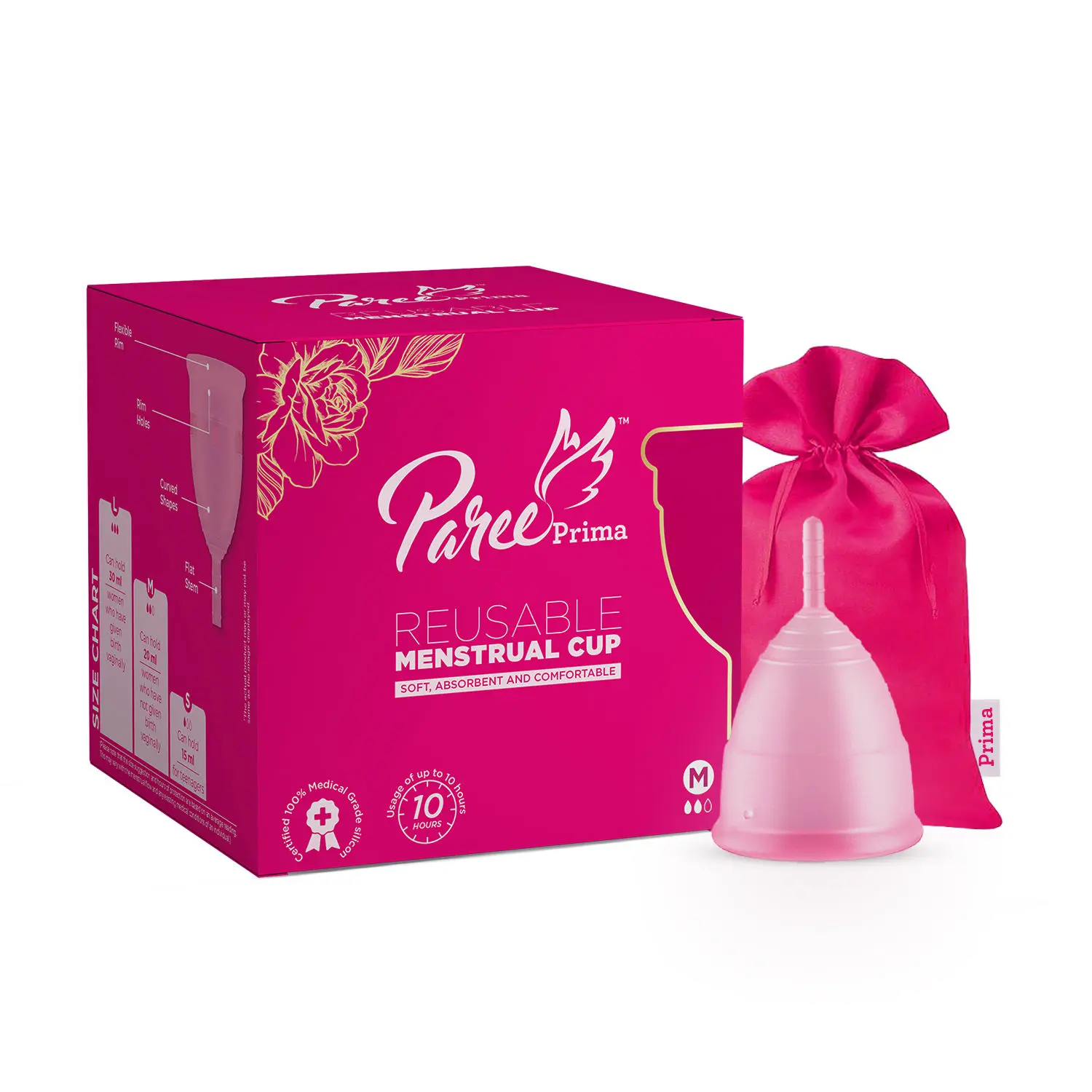 Paree Prima Reusable Menstrual Cup with protection Pouch| Medium Size | 100% Medical Grade Silicon|Super Soft ,Rash and Leak Free|Upto 10 Hour Protection| FDA approved